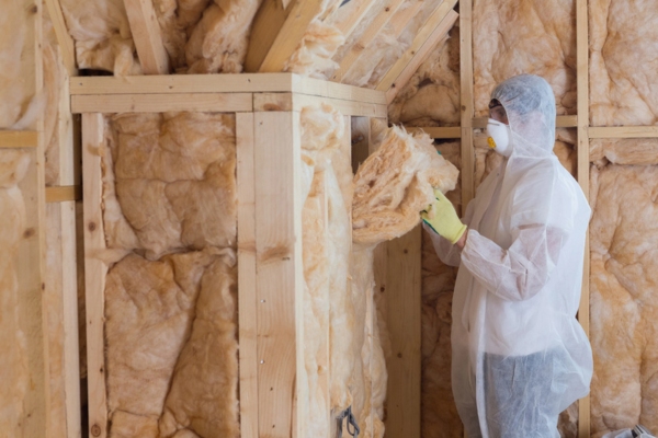 worker filling walls with insulation