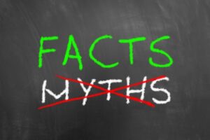 Facts and crossed myths text on chalkboard depicting misconceptions about spray foam insulation
