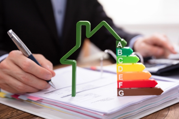 Close-up Of House Model Showing Energy Efficiency Meter while a man writes a report