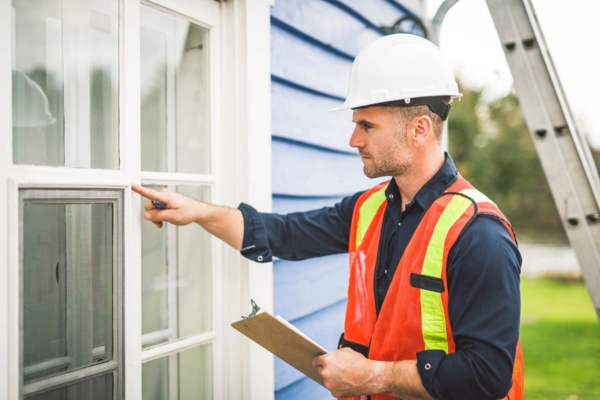 Man wearing a hard hat inspecting house window outside