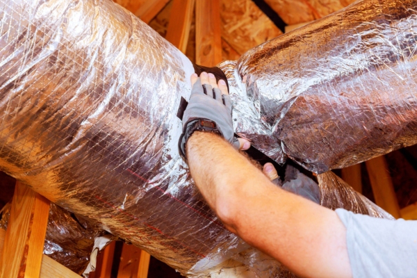 worker adjusting insulation on home ductwork