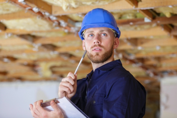 worker inspecting home insulation for a client