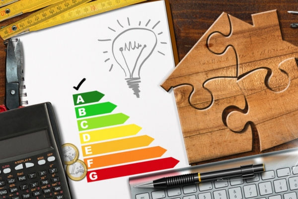 energy efficiency chart on a notebook beside a calculator and a house jigsaw puzzle depicting Today's Air Conditioners
