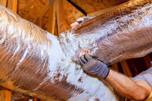 worker performing energy audit by checking ductwork leaks